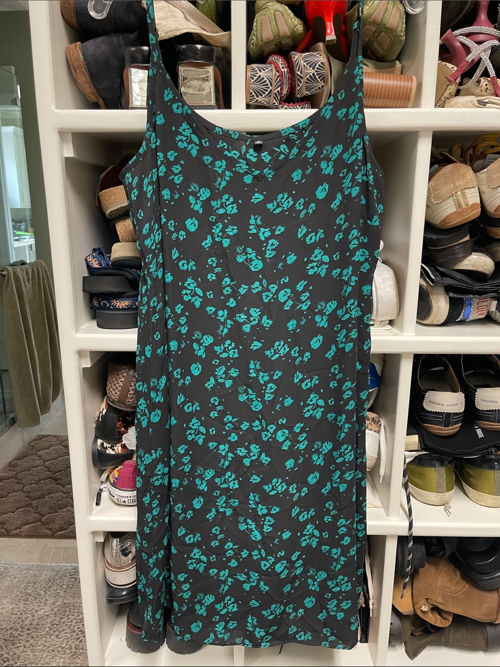 Cabi Black Slip Dress with Teal Floral Print